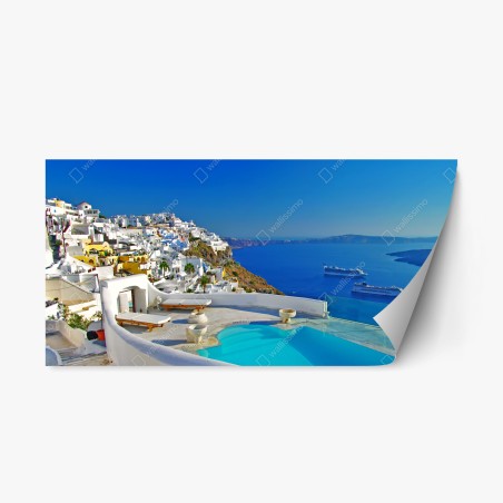 Sticker repositionnable vue panoramique de Santorin au bord de la piscine – Wallnifity®
