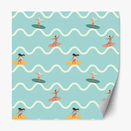 Sticker repositionnable motif surf rétro sur fond turquoise – Wallnifity®
