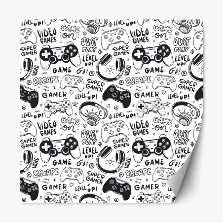 Sticker repositionnable motif doodle jeux vidéo noir et blanc – Wallnifity®