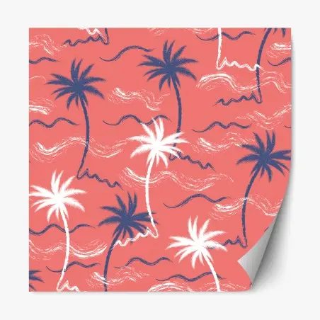 Sticker repositionnable motif tropical palmiers sur fond corail – Wallnifity®