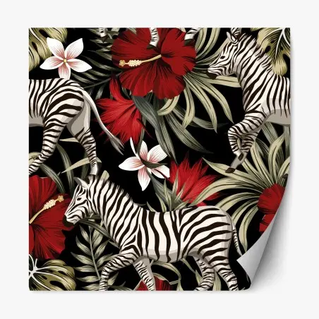 Sticker repositionnable zèbres et fleurs tropicales sur fond noir – Wallnifity®