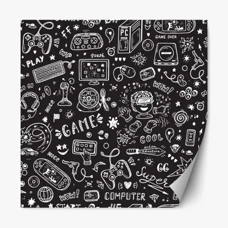 Sticker repositionnable motif doodle jeux vidéo en noir et blanc – Wallnifity®