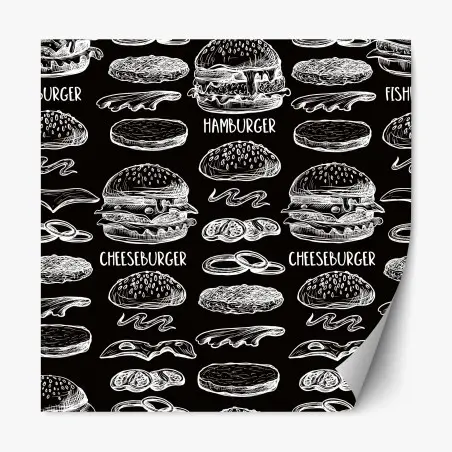 Sticker repositionnable motif burgers en dessin blanc sur fond noir – Wallnifity®