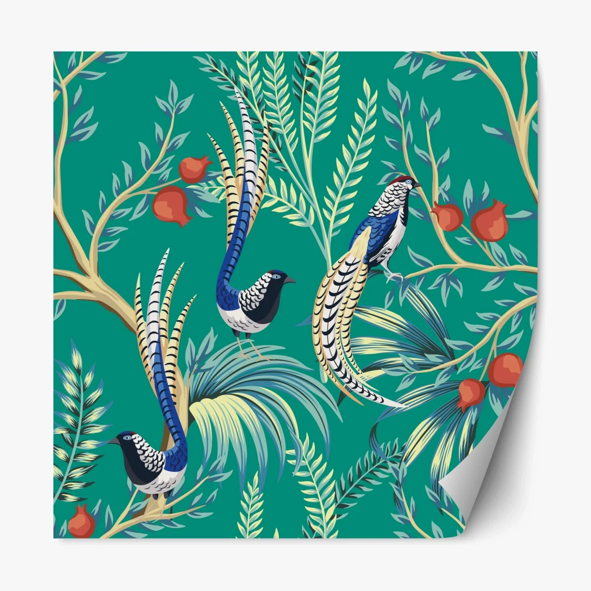 Sticker repositionnable motif exotique d'oiseaux et grenades sur fond émeraude – Wallnifity® Sticker repositionnable motif exotique d'oiseaux et grenades sur fond émeraude – Wallnifity®