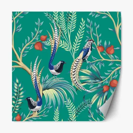 Sticker repositionnable motif exotique d'oiseaux et grenades sur fond émeraude – Wallnifity®