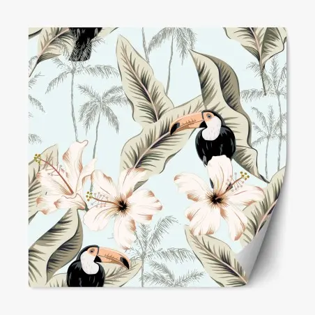 Sticker repositionnable motif tropical avec toucans et hibiscus – Wallnifity®