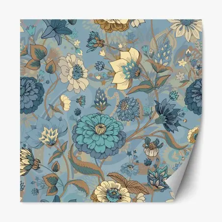 Sticker repositionnable motif floral bohème aux tons bleus et turquoise – Wallnifity®