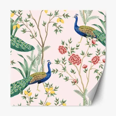 Sticker repositionnable paons et fleurs, motif botanique chic sur fond rose – Wallnifity®