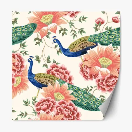 Sticker repositionnable paons et fleurs exotiques sur fond ivoire – Wallnifity®
