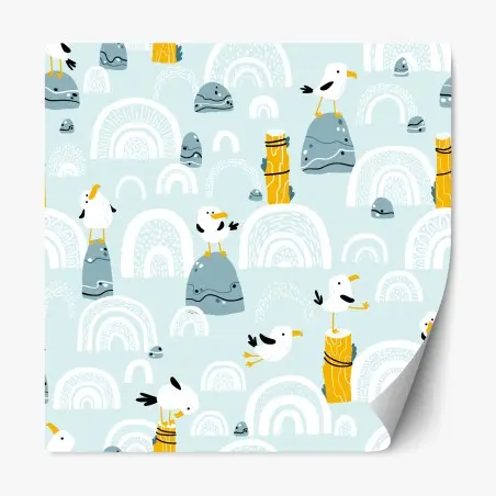 Sticker repositionnable motif de mouettes et galets sur fond pastel – Wallnifity®