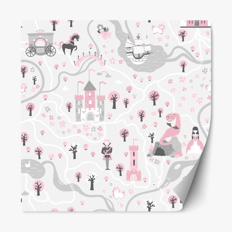 Sticker repositionnable carte féerique rose aux châteaux et créatures – Wallnifity® Sticker repositionnable carte féerique rose aux châteaux et créatures – Wallnifity®