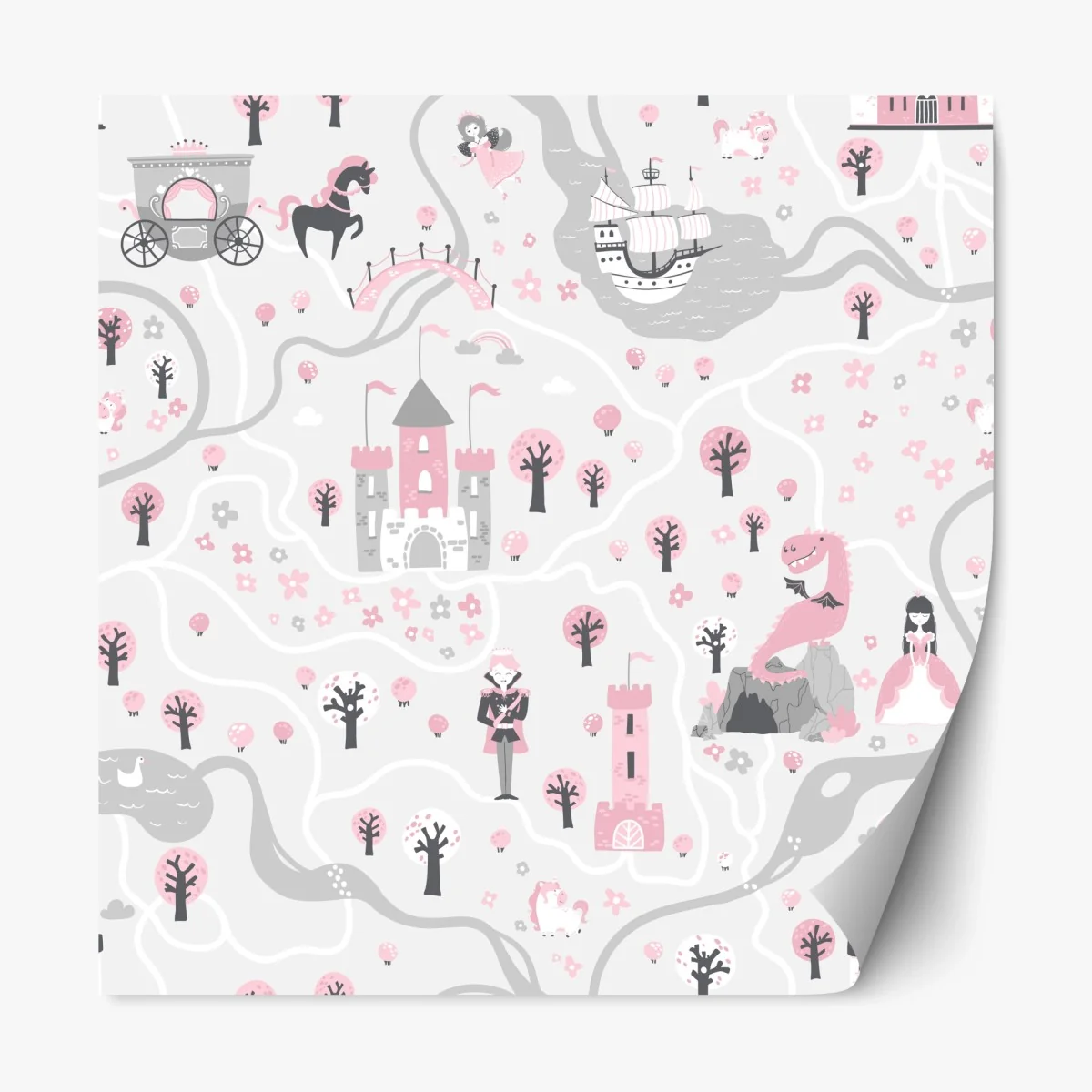 Sticker repositionnable carte féerique rose aux châteaux et créatures – Wallnifity® Sticker repositionnable carte féerique rose aux châteaux et créatures – Wallnifity®