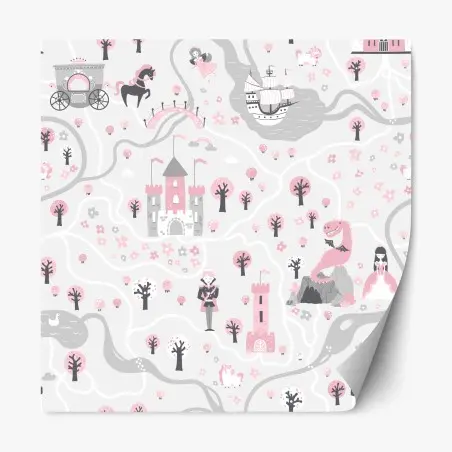 Sticker repositionnable carte féerique rose aux châteaux et créatures – Wallnifity®
