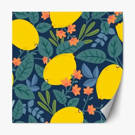 Sticker repositionnable motif citrons et feuillages sur fond bleu nuit – Wallnifity®