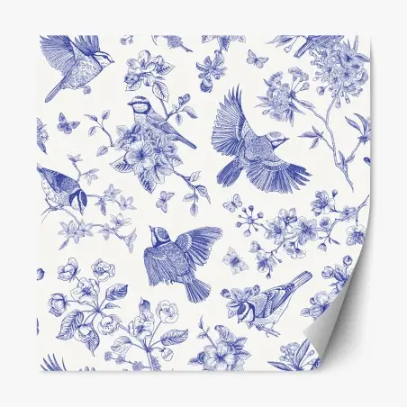 Sticker repositionnable motif oiseaux et fleurs bleues sur fond clair – Wallnifity®