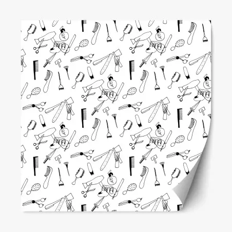 Sticker repositionnable motif d'outils de coiffure en noir et blanc – Wallnifity®