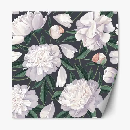 Sticker repositionnable pivoines blanches élégantes sur fond anthracite – Wallnifity®