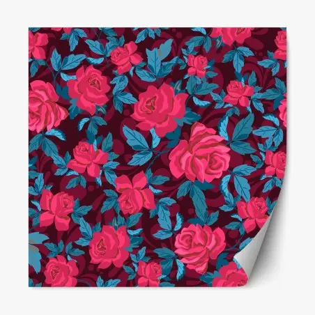 Sticker repositionnable motif floral de roses et feuillage bleu sur fond bordeaux – Wallnifity®