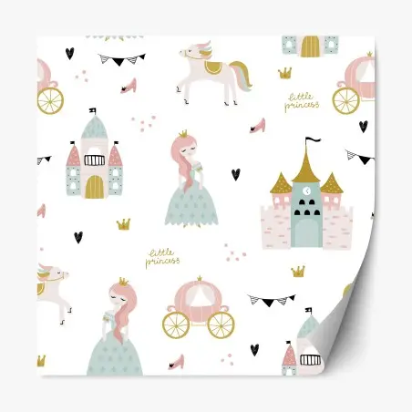 Sticker repositionnable scène de conte de fées pastel avec princesse et château – Wallnifity®