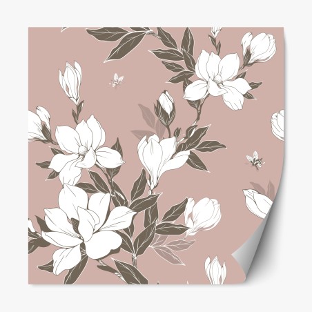 Sticker repositionnable motif floral magnolia sur fond rose poudré – Wallnifity®