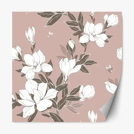 Sticker repositionnable motif floral magnolia sur fond rose poudré – Wallnifity®