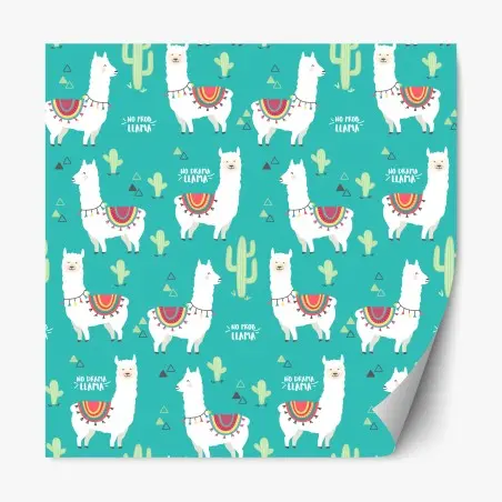 Sticker repositionnable motif lamas joyeux sur fond turquoise – Wallnifity®