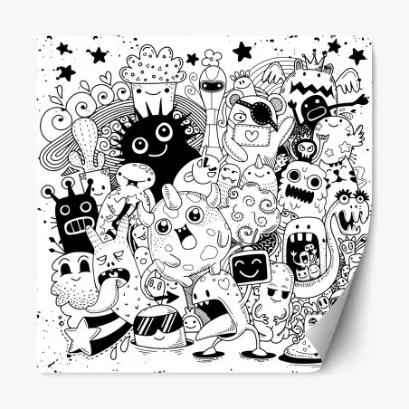Sticker repositionnable rassemblement de monstres doodle en noir et blanc – Wallnifity®