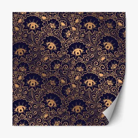 Sticker repositionnable motif floral baroque doré sur fond bleu marine – Wallnifity®