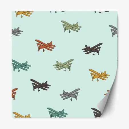 Sticker repositionnable motif biplans colorés sur fond pastel – Wallnifity®