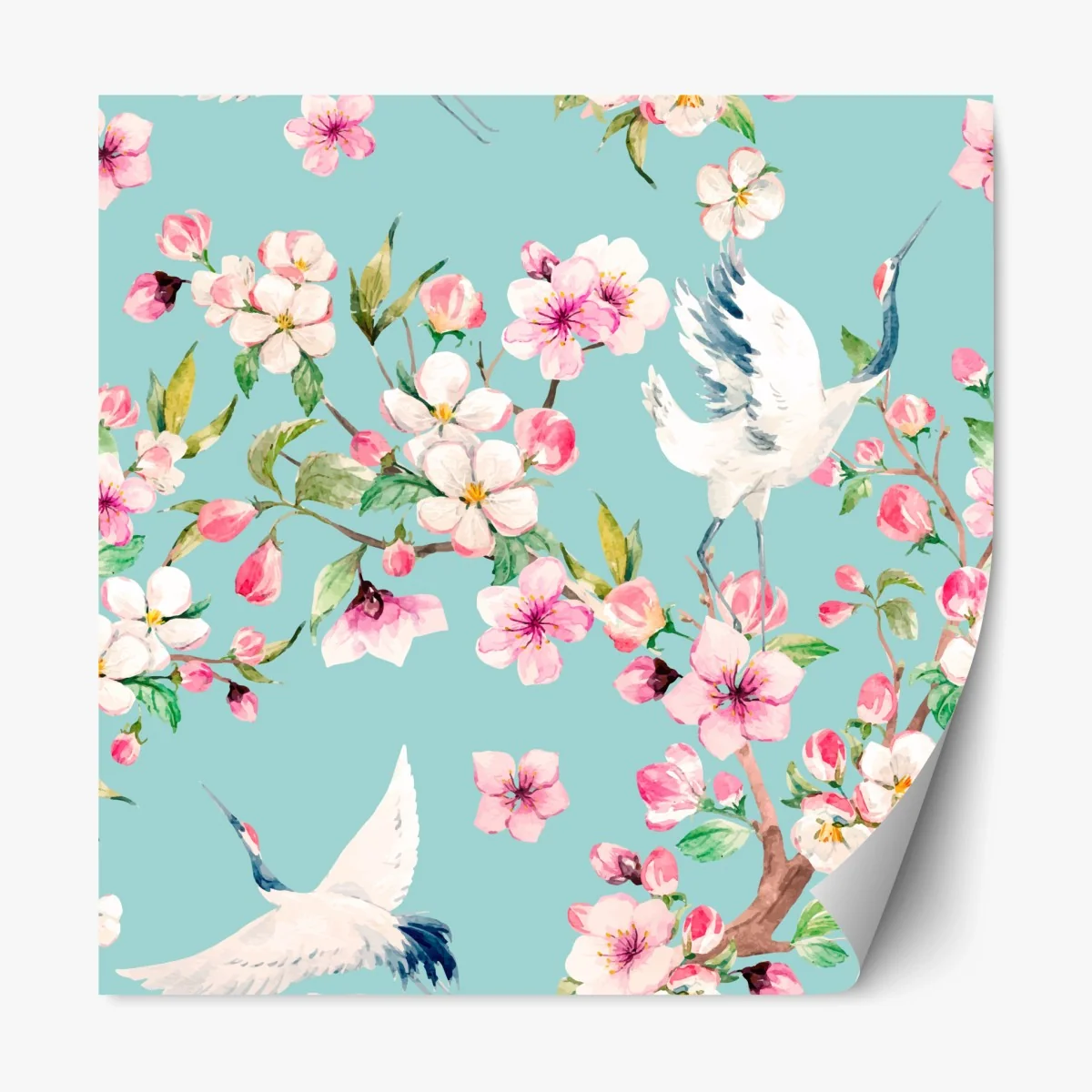 Sticker repositionnable motif floral et grues en aquarelle sur fond turquoise – Wallnifity® Sticker repositionnable motif floral et grues en aquarelle sur fond turquoise – Wallnifity®