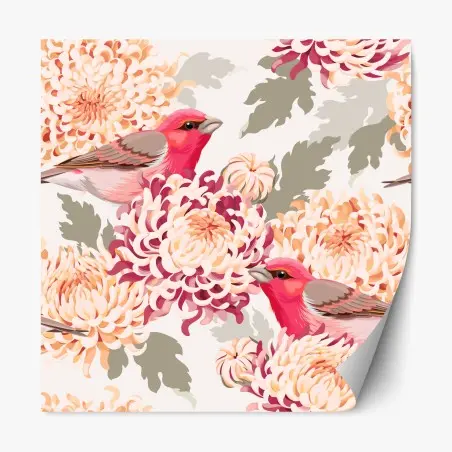 Sticker repositionnable oiseaux roses et chrysanthèmes en motif élégant – Wallnifity®