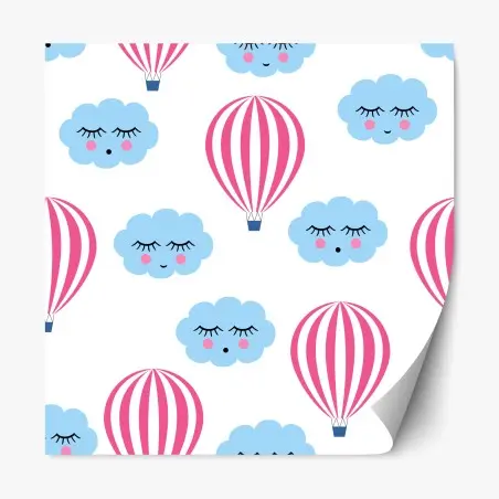 Sticker repositionnable motif nuages endormis et montgolfières roses – Wallnifity®
