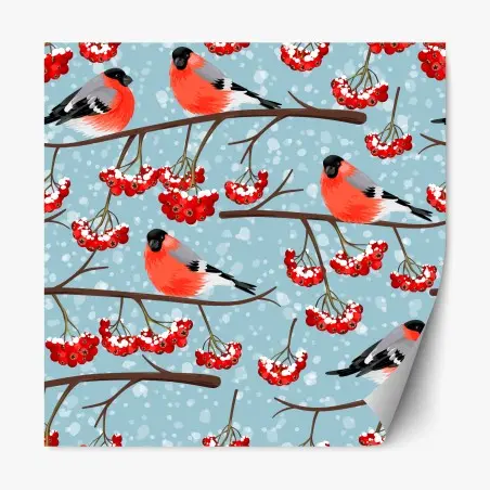 Sticker repositionnable motif hivernal de bouvreuils et baies rouges – Wallnifity®