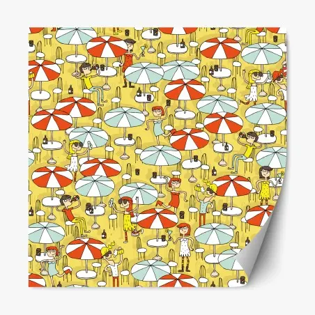 Sticker repositionnable scène estivale rétro sous parasols – Wallnifity®