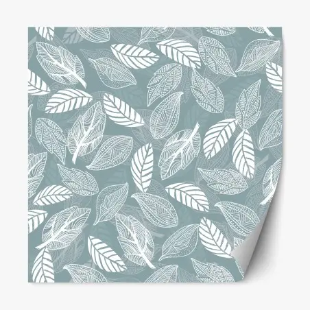 Sticker repositionnable motif feuilles blanches sur fond bleu-gris – Wallnifity®