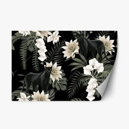 Sticker repositionnable panthères et orchidées sur fond noir – Wallnifity®