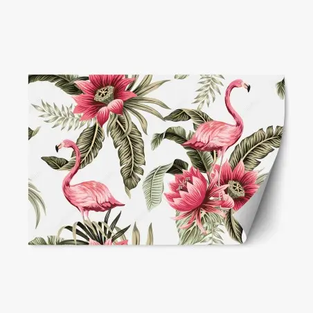 Sticker repositionnable motif tropical avec flamants roses et fleurs exotiques – Wallnifity®