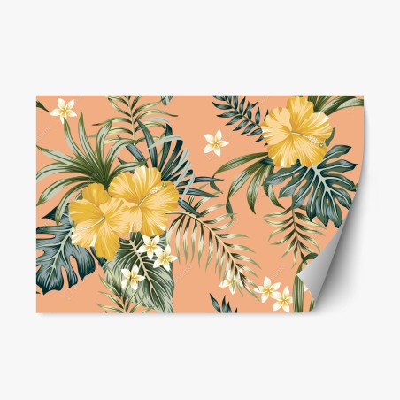 Sticker repositionnable fleurs tropicales jaunes sur fond pêche – Wallnifity®