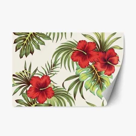 Sticker repositionnable jardin tropical aux hibiscus rouges – Wallnifity®