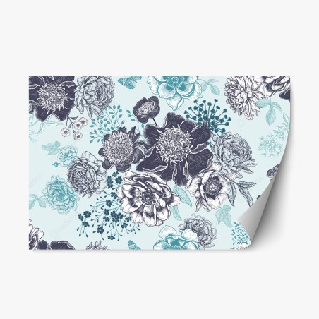 Sticker repositionnable motif floral bleu et ivoire style gravure – Wallnifity®