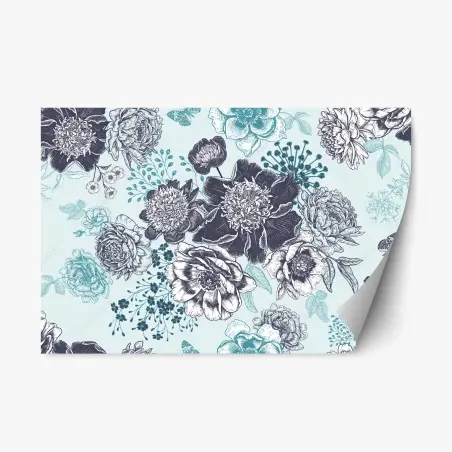 Sticker repositionnable motif floral bleu et ivoire style gravure – Wallnifity®