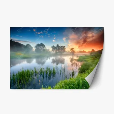 Sticker repositionnable aube dorée sur les rives embrumées – Wallnifity®