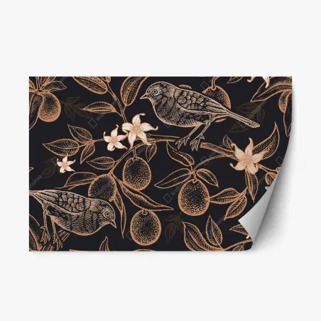 Sticker repositionnable motif botanique d'oiseaux et d'agrumes sur fond noir – Wallnifity®