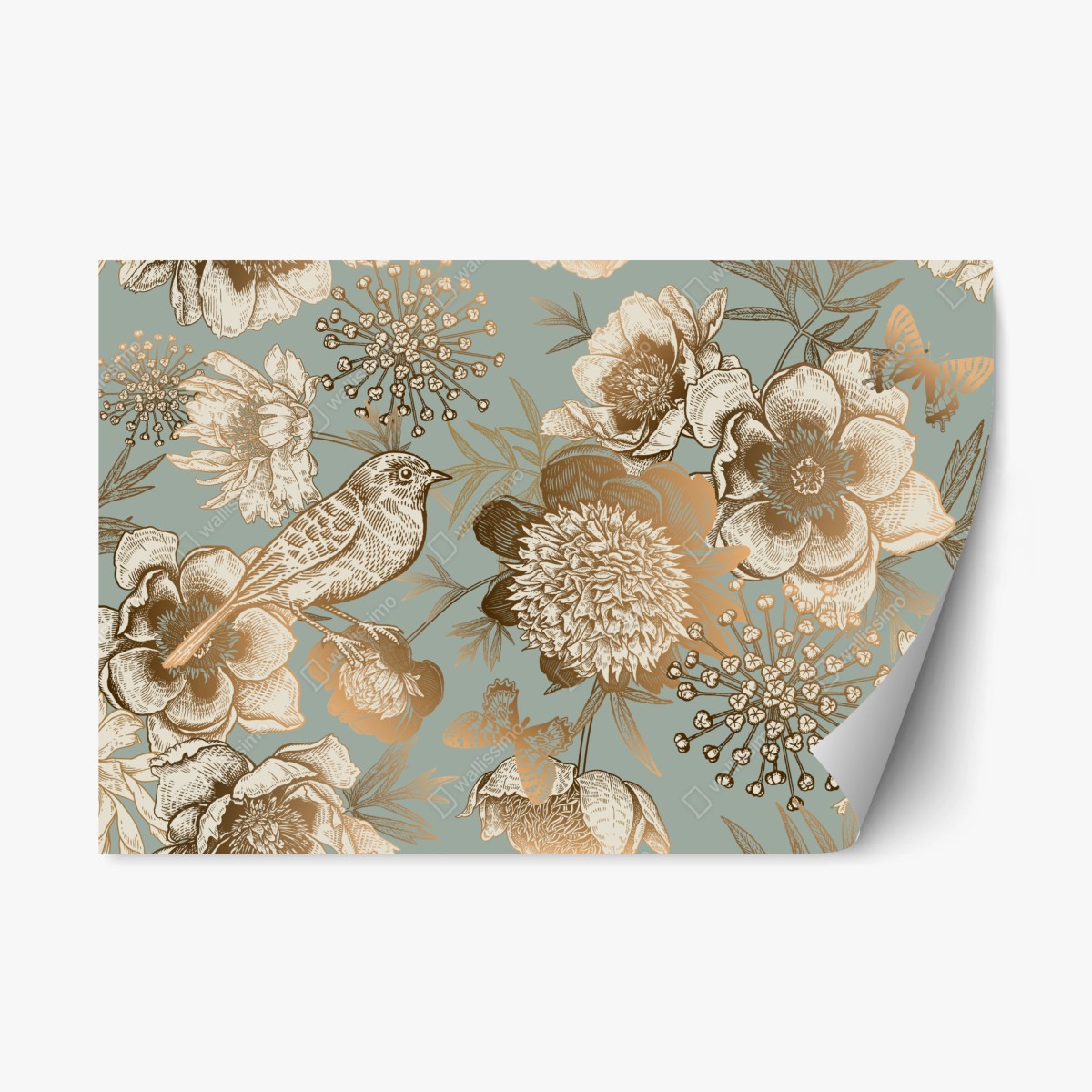 Sticker repositionnable motif floral vintage avec oiseau et papillons sur fond bleu-vert – Wallnifity®