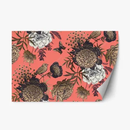 Sticker repositionnable motif floral vintage corail avec oiseaux et papillons – Wallnifity®