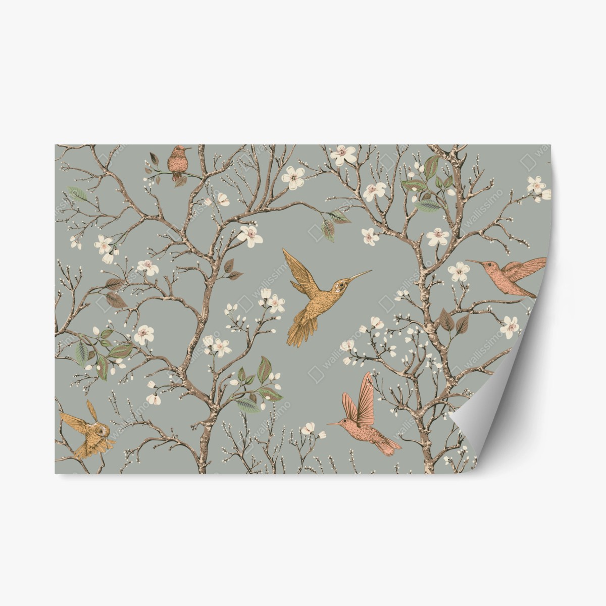 Sticker repositionnable colibris et fleurs sur fond vert doux – Wallnifity®