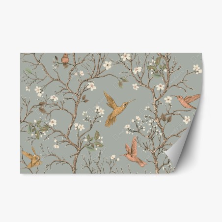 Sticker repositionnable colibris et fleurs sur fond vert doux – Wallnifity®