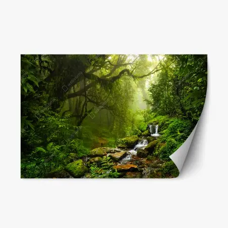 Sticker repositionnable forêt brumeuse et cascade émeraude – Wallnifity®
