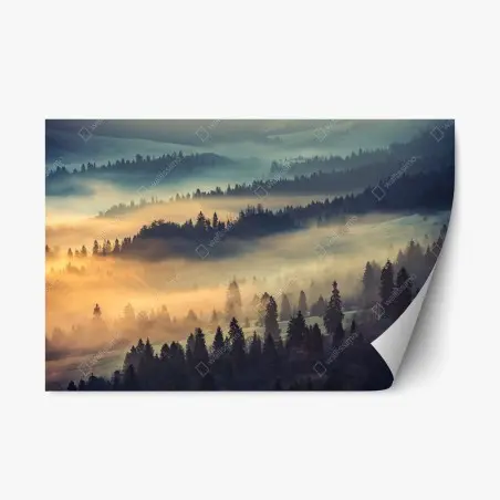 Sticker repositionnable brume dorée sur collines boisées – Wallnifity®