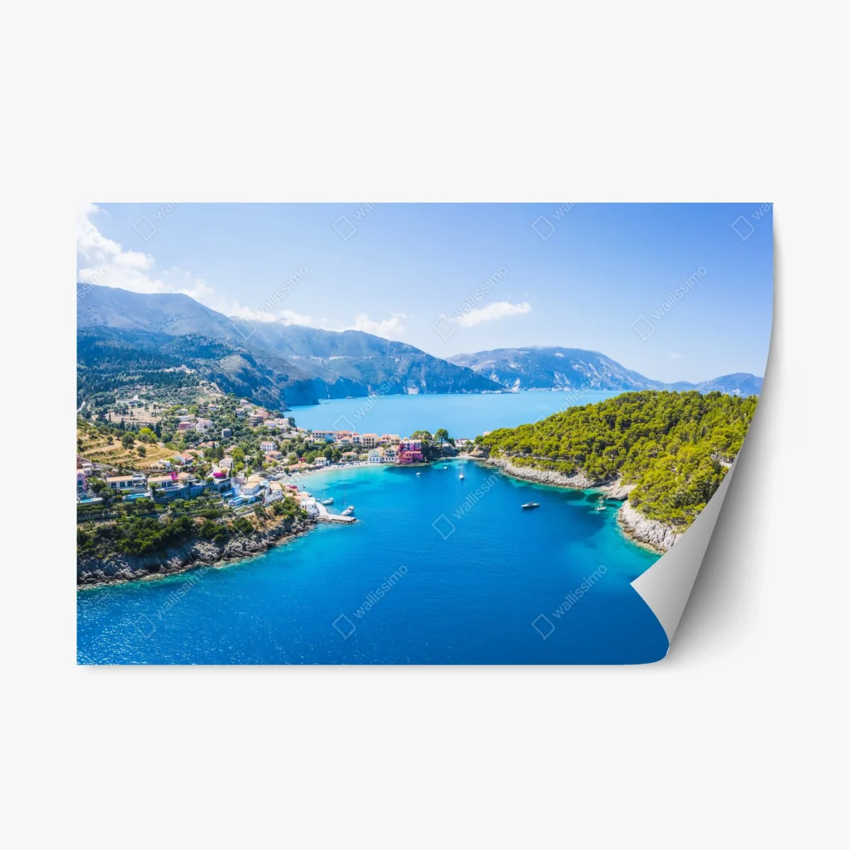 Sticker repositionnable baie aux eaux turquoises et village côtier – Wallnifity® Sticker repositionnable baie aux eaux turquoises et village côtier – Wallnifity®